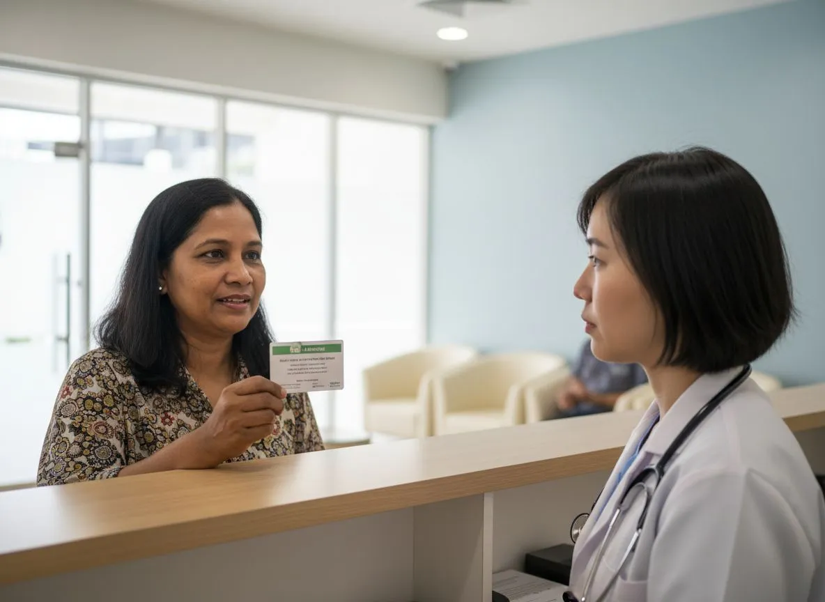 Wanita pertengahan umur sedang berbual dengan doktor klinik di kaunter