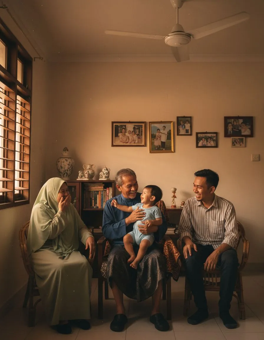 Tiga generasi keluarga Malaysia di taman ketika senja