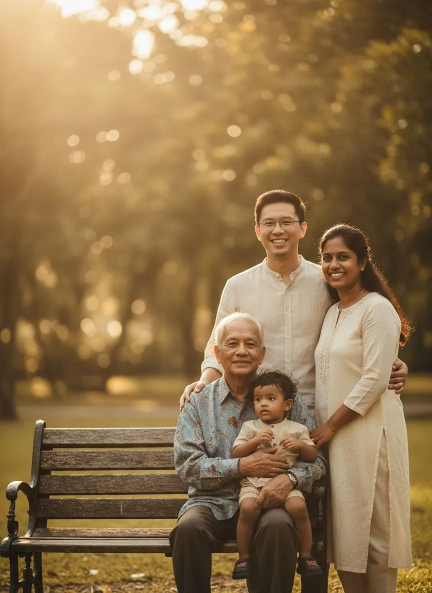 Tiga generasi keluarga Malaysia di taman ketika senja